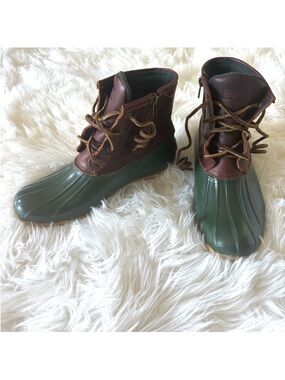 Sperry Green & Brown Duck Boots  Size 8